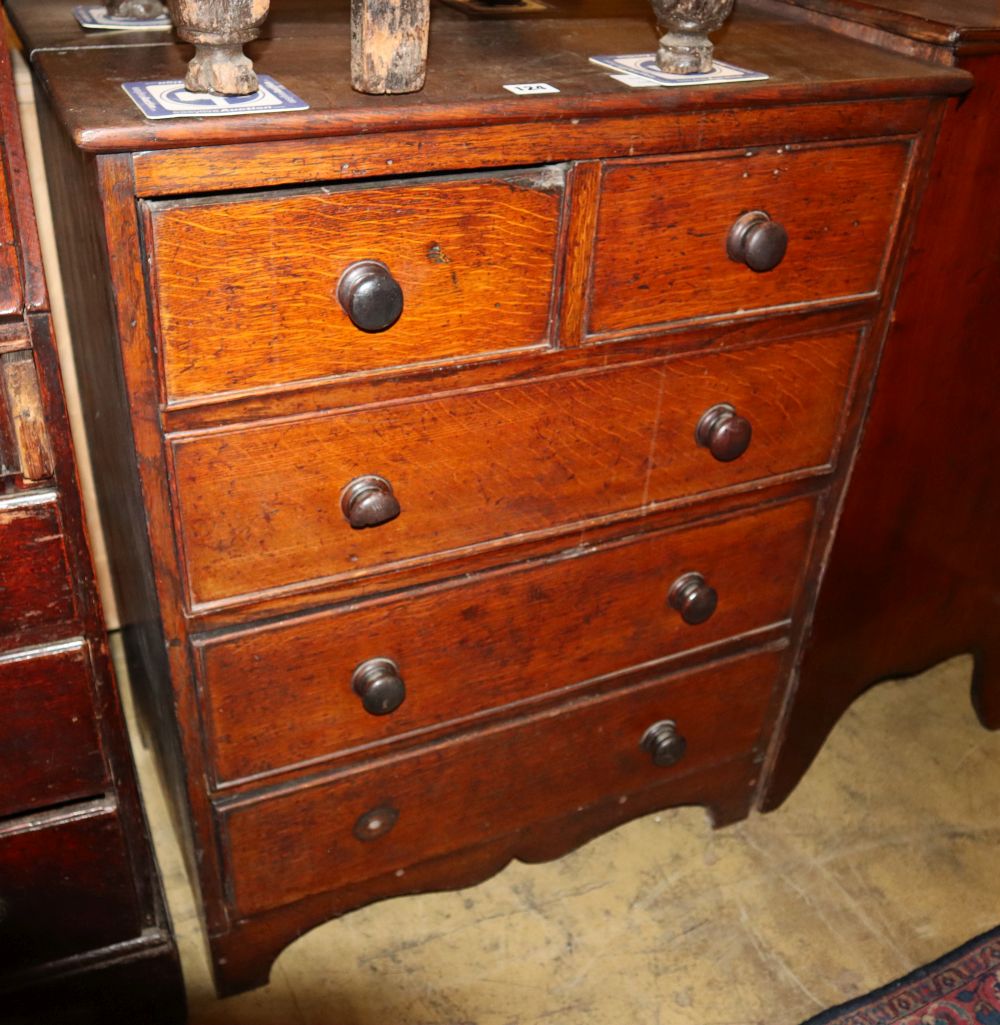 A small early 19th century provincial five drawer oak chest, W.66cm, D.43cm, H.85cm